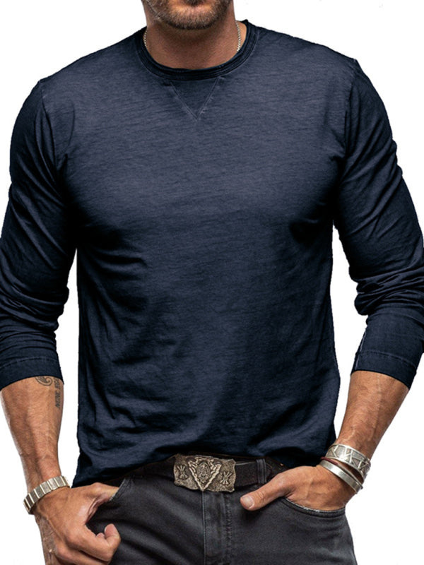 Men's new solid color round neck long sleeve cotton t-shirt kakaclo