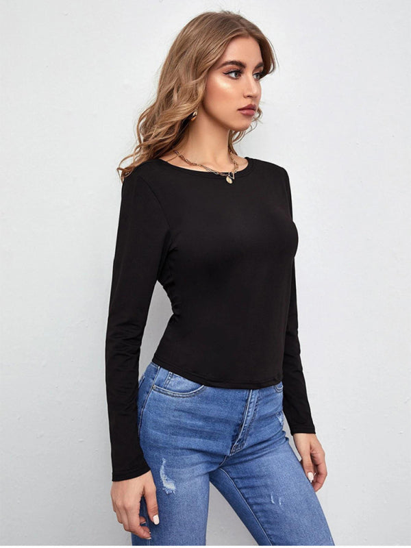 Women's hollowed back tie tie long -sleeved T -shirt kakaclo