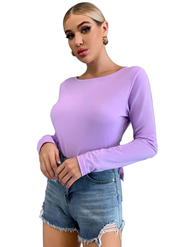 Women's hollowed back tie tie long -sleeved T -shirt kakaclo