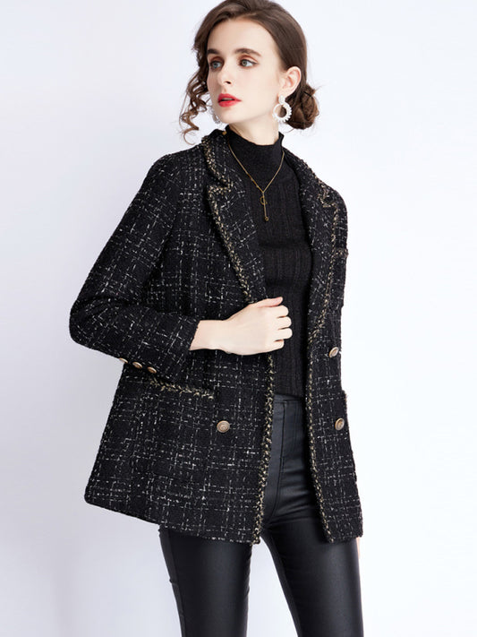 Women's small fragrant wind long sleeve tweed tartan jacket kakaclo