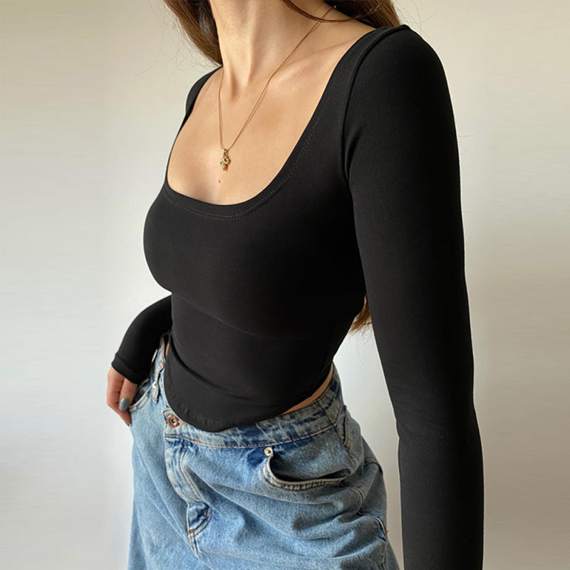 Women's Knit Square Neck Long Sleeve Cropped T-Shirt kakaclo