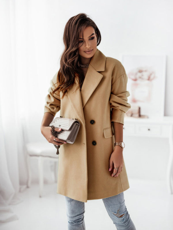 Long sleeve suit collar double breasted woolen coat new style temperament kakaclo