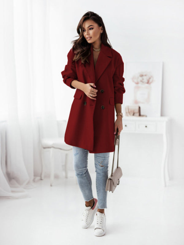 Long sleeve suit collar double breasted woolen coat new style temperament kakaclo