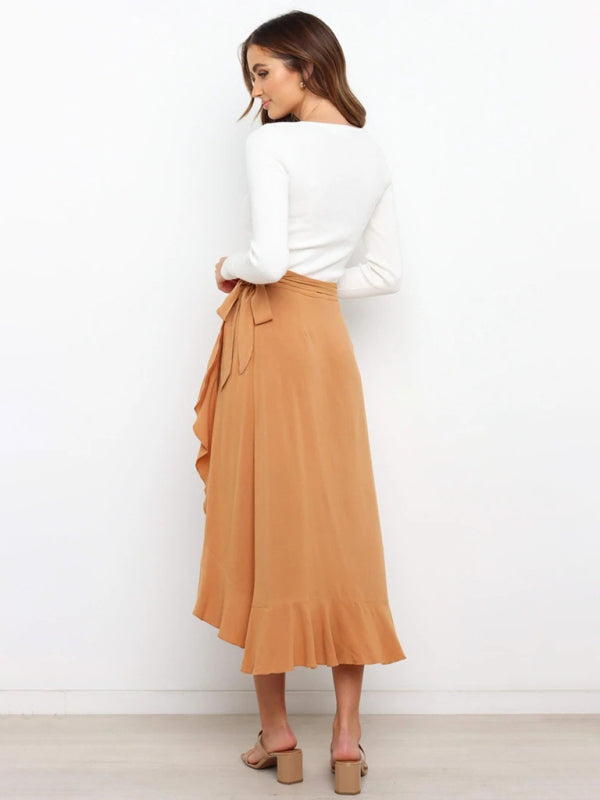 One Piece Tie Long Skirt Irregular Cover Hip Solid Color Skirt kakaclo