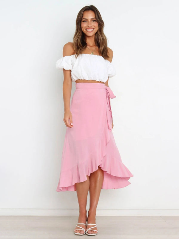 One Piece Tie Long Skirt Irregular Cover Hip Solid Color Skirt kakaclo