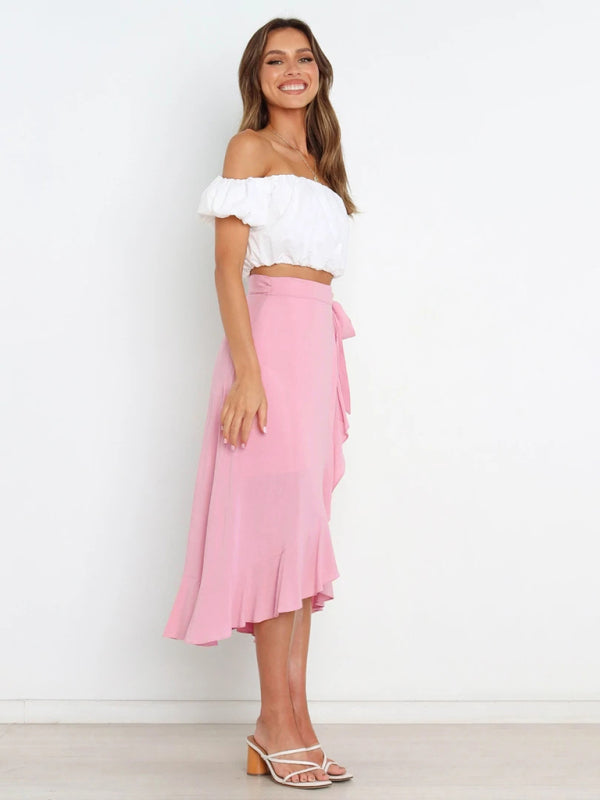 One Piece Tie Long Skirt Irregular Cover Hip Solid Color Skirt kakaclo