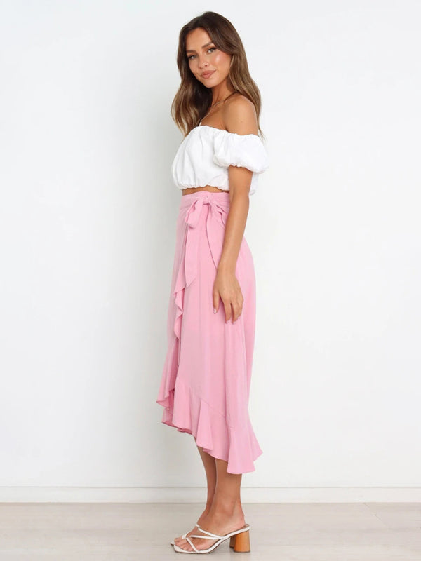 One Piece Tie Long Skirt Irregular Cover Hip Solid Color Skirt kakaclo