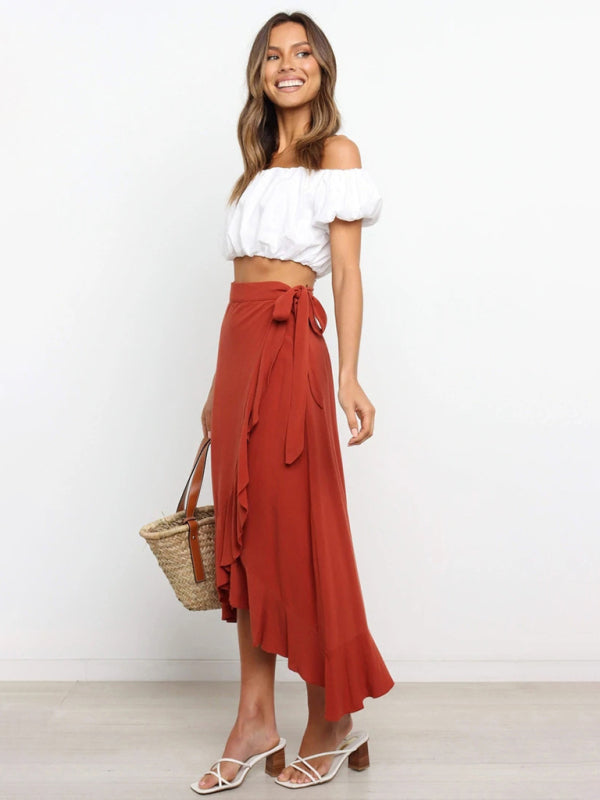 One Piece Tie Long Skirt Irregular Cover Hip Solid Color Skirt kakaclo