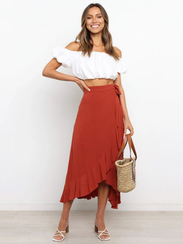 One Piece Tie Long Skirt Irregular Cover Hip Solid Color Skirt kakaclo