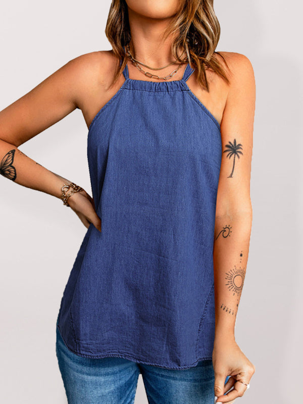 Women's Solid Color Halter Neck Loose Tank Top kakaclo