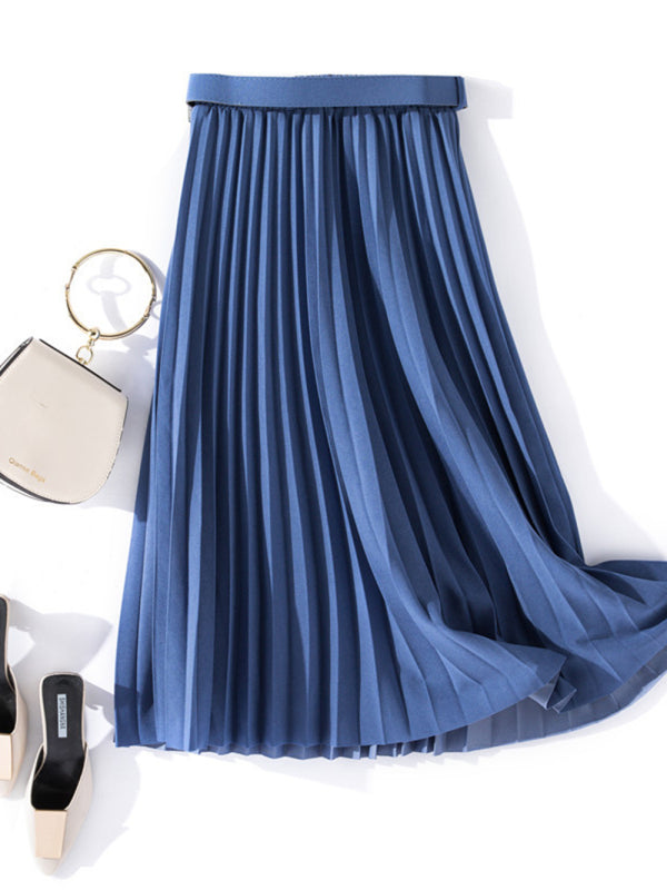 Pleated Skirt Mid-length High Belt Versatile A-Line Skirt kakaclo