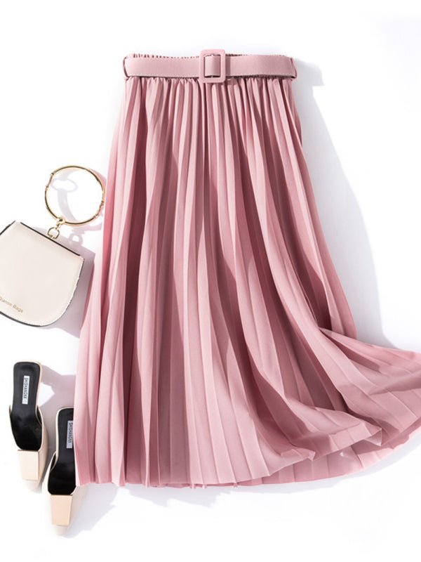 Pleated Skirt Mid-length High Belt Versatile A-Line Skirt kakaclo