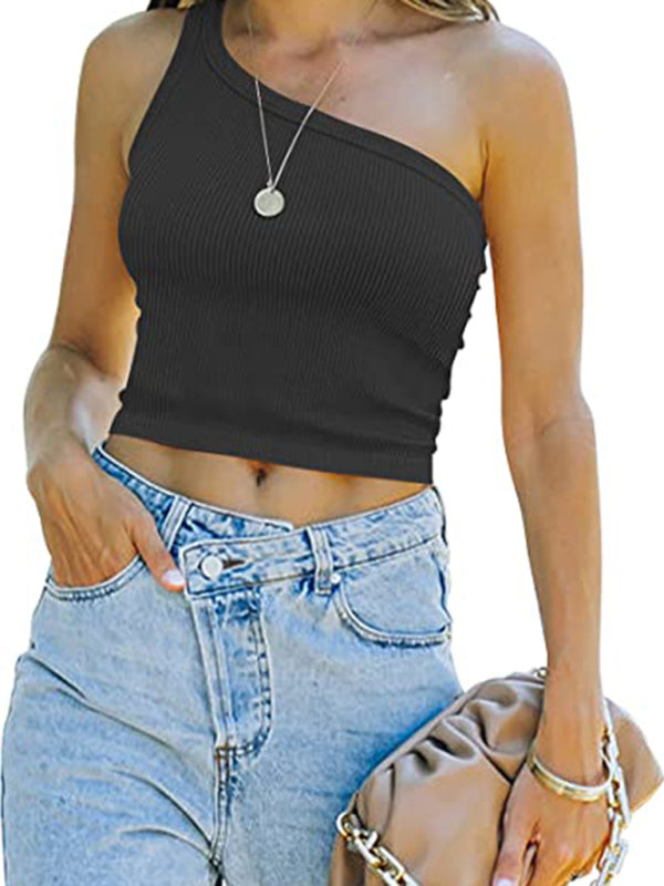 Women's Spring Off Shoulder Crop Tank Top Rib Casual Slim T-Shirt kakaclo