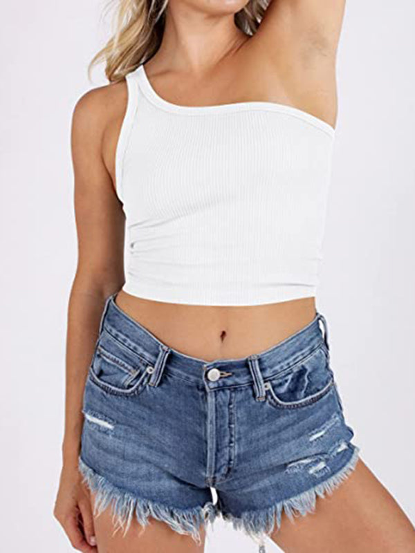 Women's Spring Off Shoulder Crop Tank Top Rib Casual Slim T-Shirt kakaclo