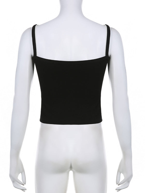 Women's Black and White Contrasting Color False Two-piece Stitching Slim Camisole Top kakaclo