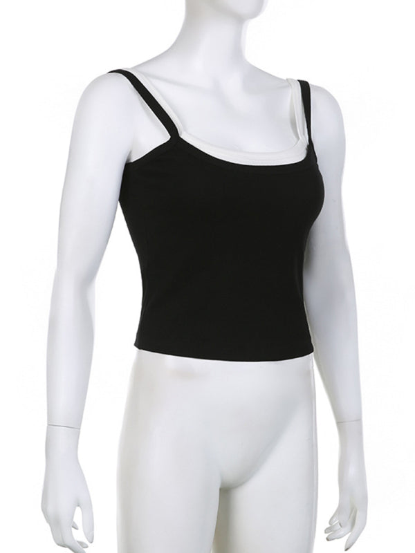 Women's Black and White Contrasting Color False Two-piece Stitching Slim Camisole Top kakaclo