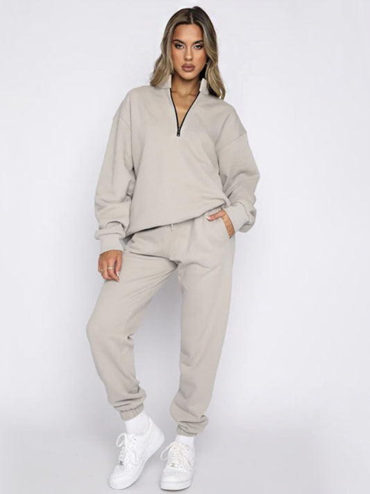 Women's new solid color stand-up collar zipper pullover long-sleeved sweatshirt and trousers suit kakaclo