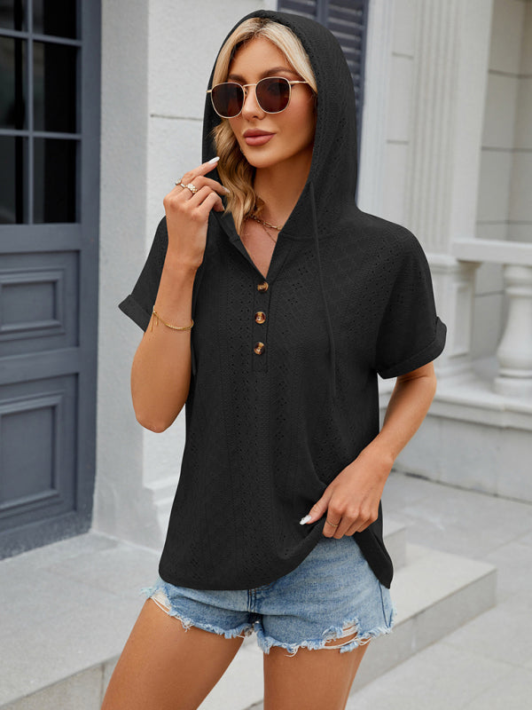 Women's buttoned hooded drawstring short-sleeved T-shirt top kakaclo