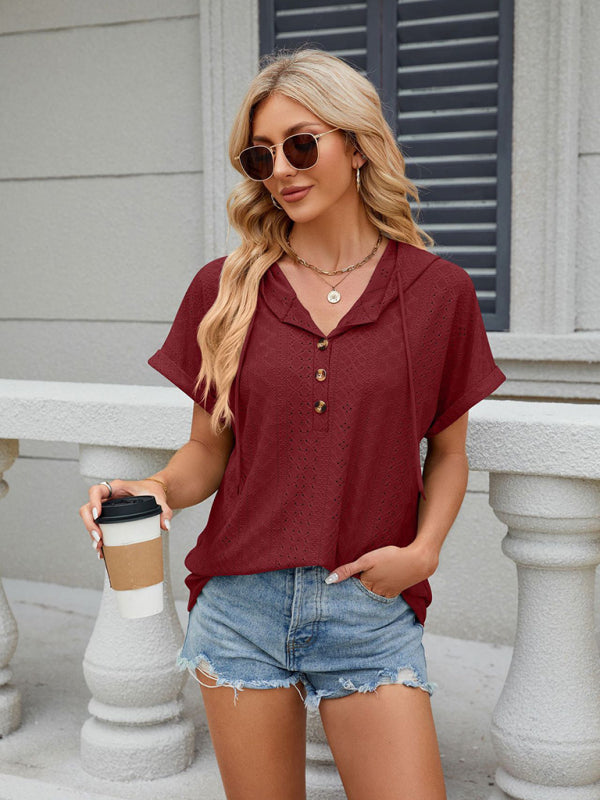 Women's buttoned hooded drawstring short-sleeved T-shirt top kakaclo