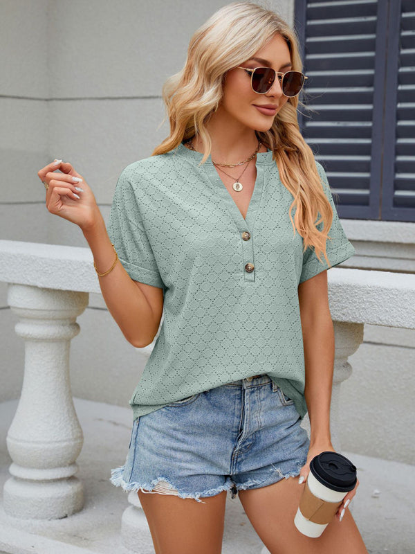 Women's V-neck button solid color circle loose short-sleeved T-shirt kakaclo