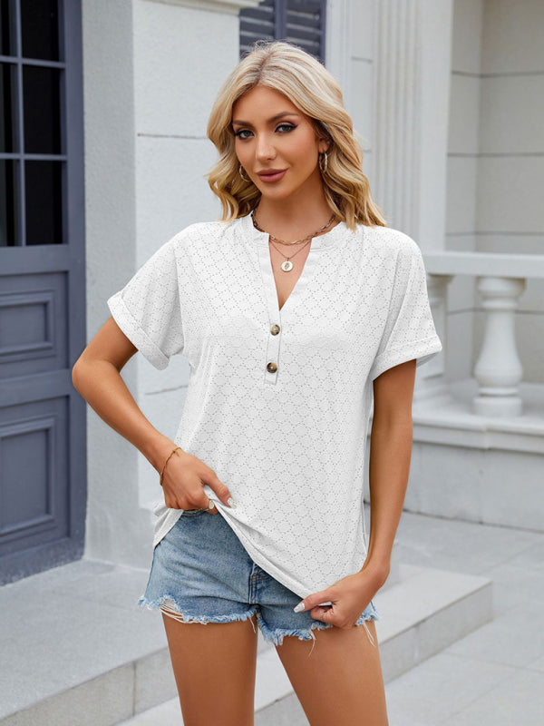 Women's V-neck button solid color circle loose short-sleeved T-shirt kakaclo