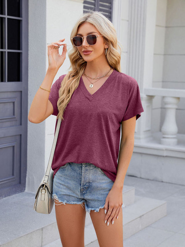 Women's V-neck solid color casual short-sleeved T-shirt top kakaclo