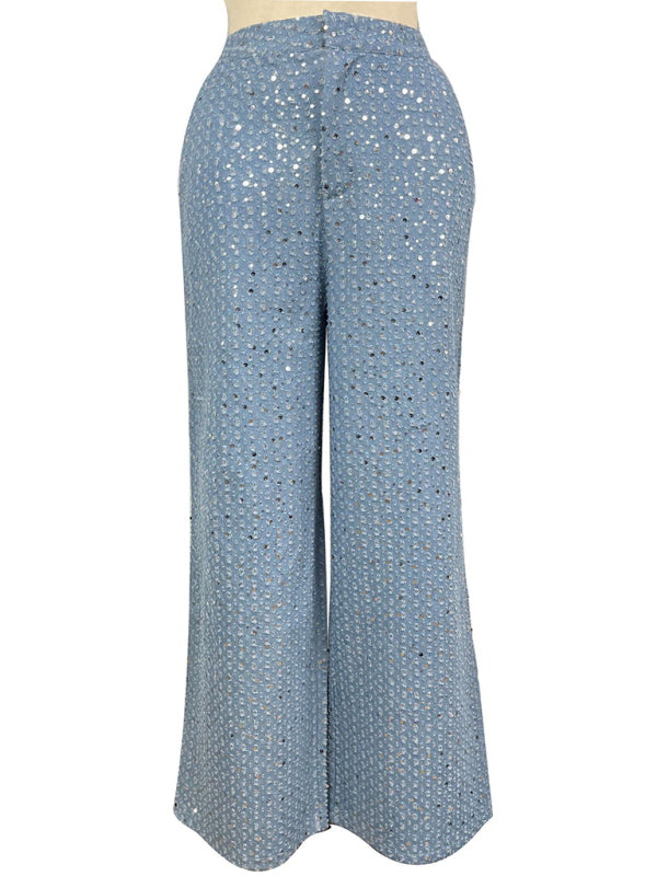 Women's Casual Sequined Denim Straight Pants kakaclo