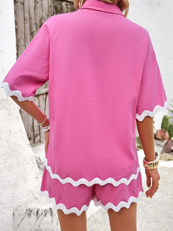 Spring and summer casual solid color lace shirt and shorts suit kakaclo