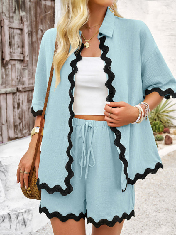 Spring and summer casual solid color lace shirt and shorts suit kakaclo