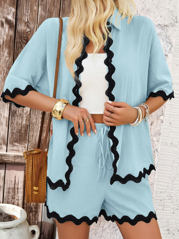 Spring and summer casual solid color lace shirt and shorts suit kakaclo