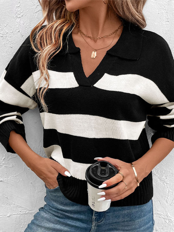 New women's loose tops black and white striped lapel sweaters kakaclo