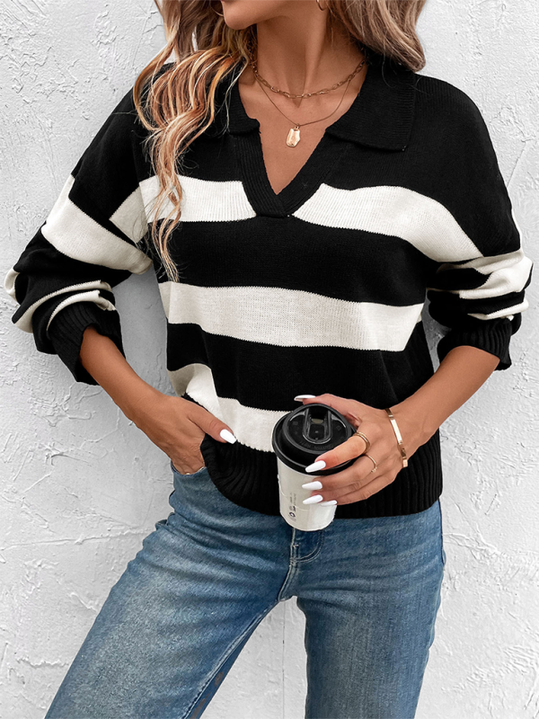 New women's loose tops black and white striped lapel sweaters kakaclo