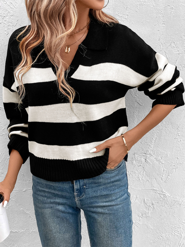 New women's loose tops black and white striped lapel sweaters kakaclo