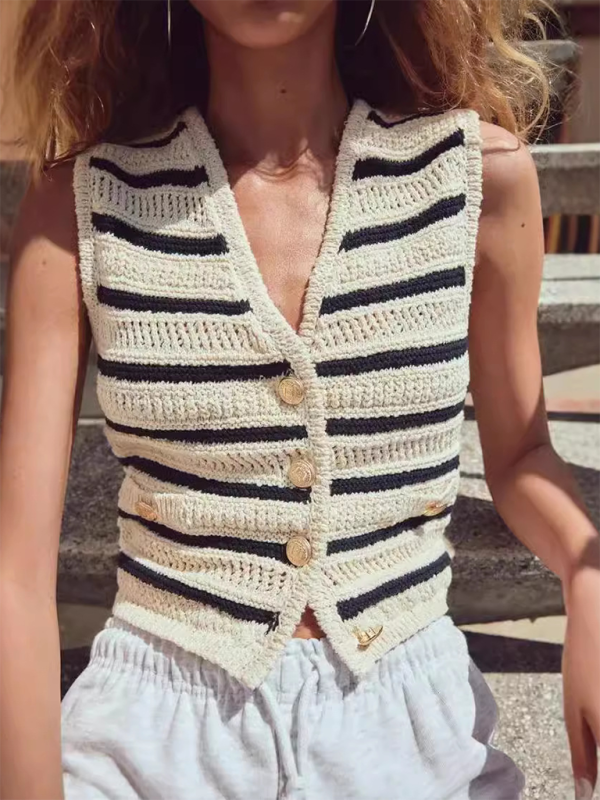 V-neck striped knitted vest kakaclo