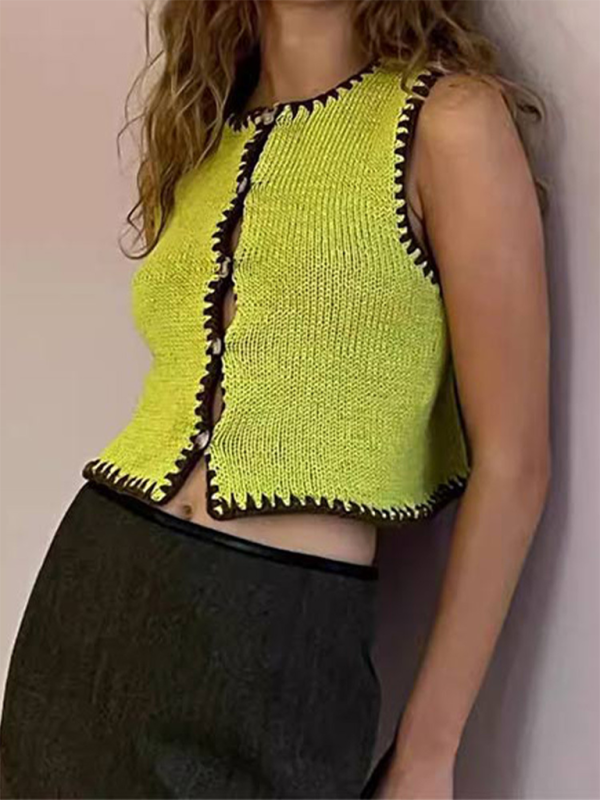 New contrast color round neck button knitted vest kakaclo