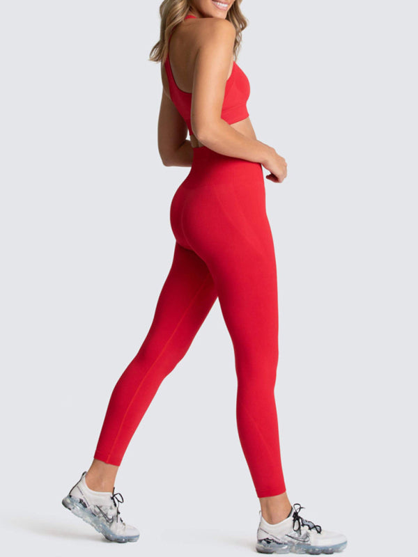 Women's Beautiful Back High Waist Peach Hip Seamless Knitted Vest Trousers Two-piece Set kakaclo