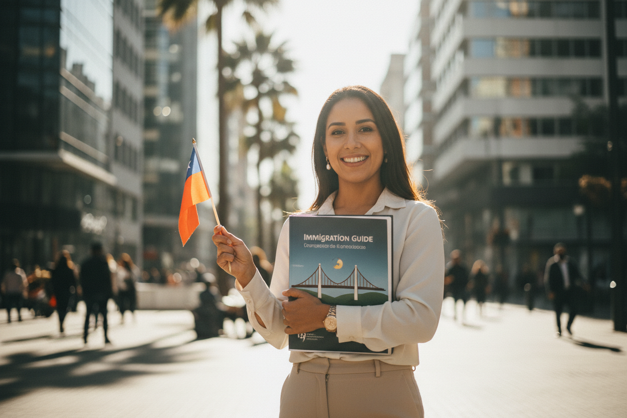 Mujer venezolana sonriente sosteniendo el manual de inmigración y una bandera chilena