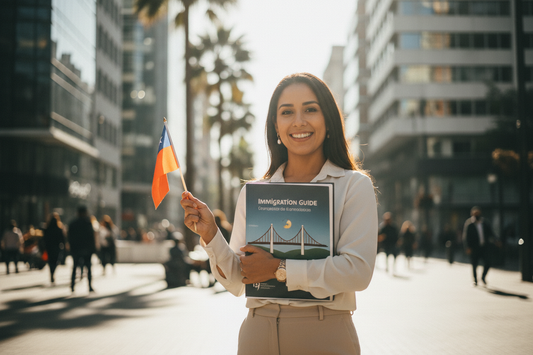 Mujer venezolana sonriente sosteniendo el manual de inmigración y una bandera chilena