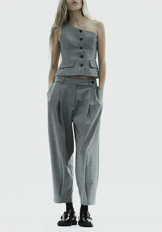 Women Asymmetric Vest Pleated Design Skinny Pant Set SHE