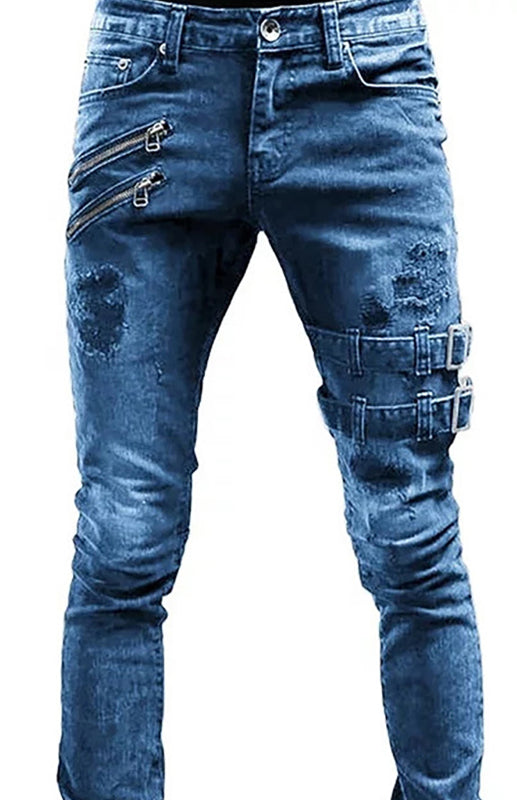 Men's Fashion Mid Waist Ripped Slim Jeans kakaclo