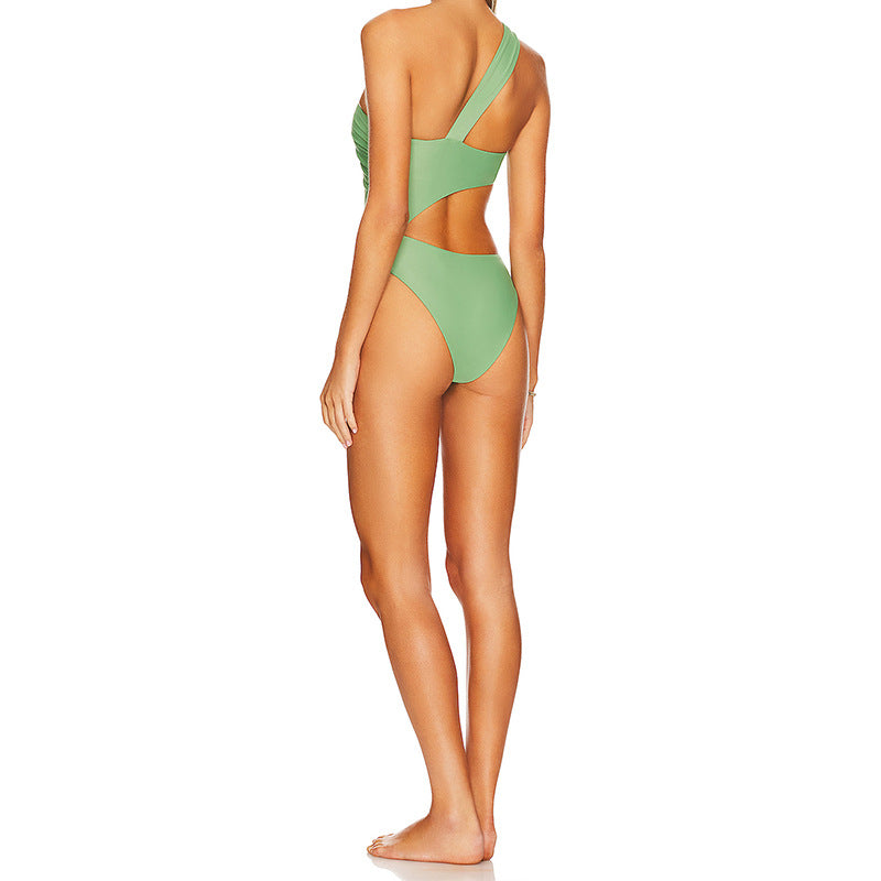 Solid Color Diagonal Shoulder Hollow Out Cutout Siamese Bikini Summertime