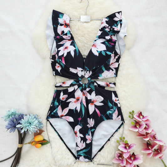 Ruffled Cutout out Strap Swimsuit Thunder