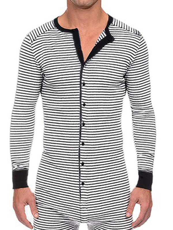 Men's Slim Striped Print Crew Neck Button Long Sleeve Trousers One Piece Pajama kakaclo