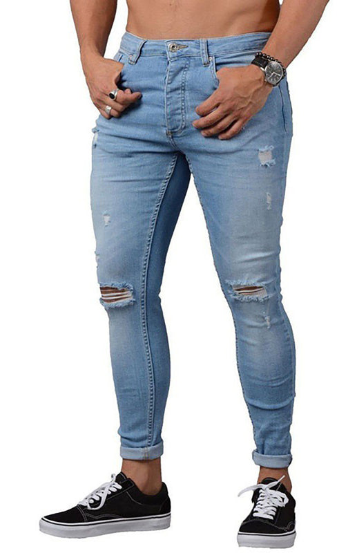 Men's Fashion Frayed Slim Fit Long Jeans kakaclo