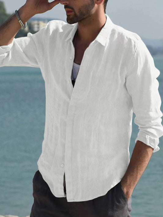 Men’s Casual Long Sleeve White Linen Button Down With Collar And Long Sleeves kakaclo
