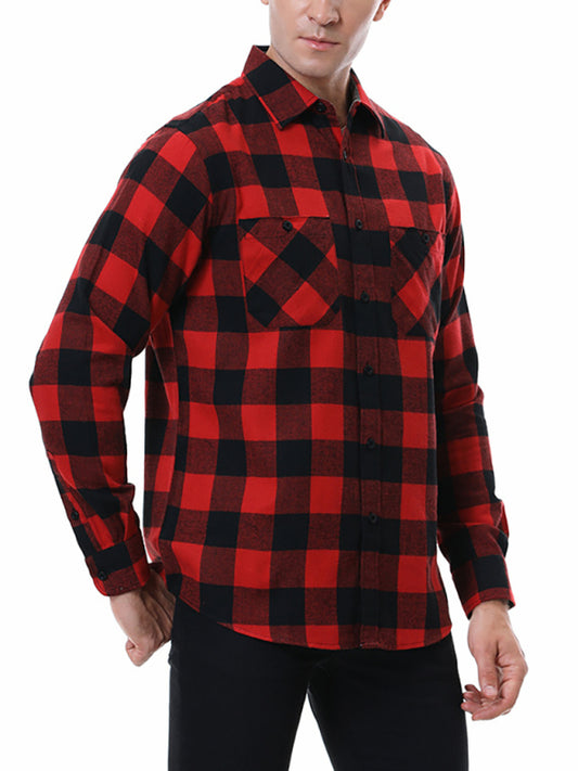 Men’s Classy Collared Plaid Button Down Long Sleeve With Front Pockets kakaclo