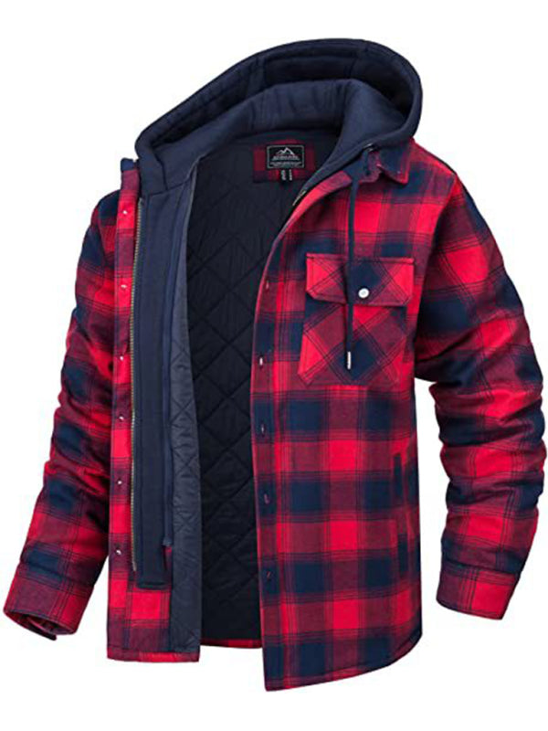 Men’s Plaid Pattern Flannel Contrast With Quilted Lined Hoodie Shirt Jacket kakaclo