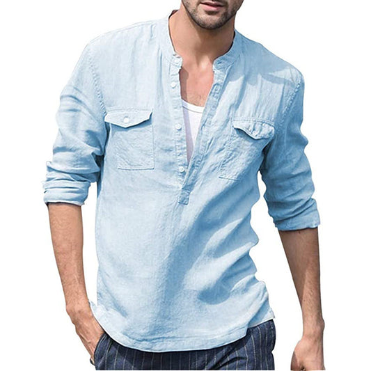 Men's Solid Color Cotton Linen Pocket Shirt kakaclo