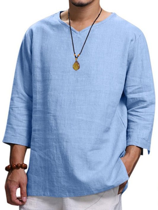 Men's Solid Color V Neck Slub Linen Three Quarter Sleeve Shirt kakaclo