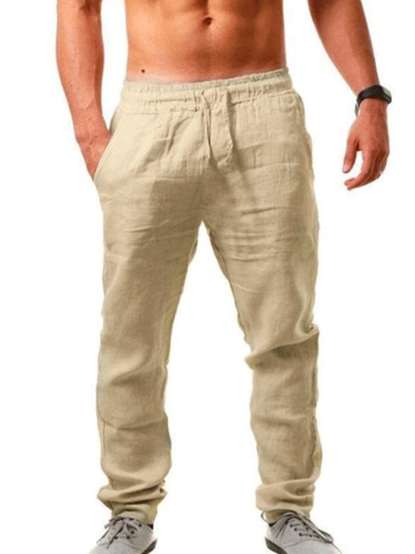 Men's Solid Color Drawstring Waist Linen Pants kakaclo